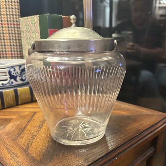 Vintage English Glass Biscuit Barrel – Ribbed Jar w/ Lid, Made in England - Picture 1 of 4